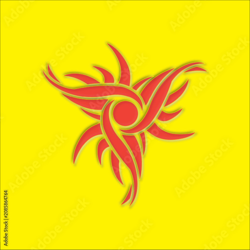 Radiant Red Tribal Spiral Emblem on Bright Yellow Background