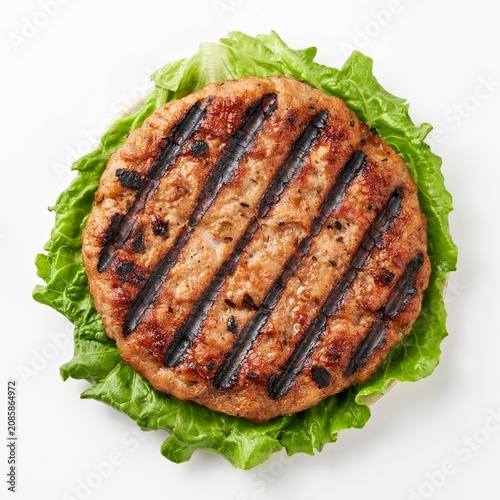 Grilled Chicken Burger Patty with Fresh Lettuce Isolated on White Background, Healthy Protein Food Concept