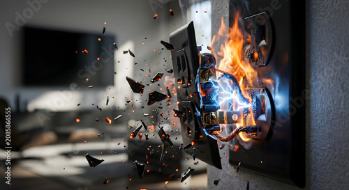 Dangerous electrical socket burning with fire sparks and metal fragments exploding from wall outlet in modern apartment.