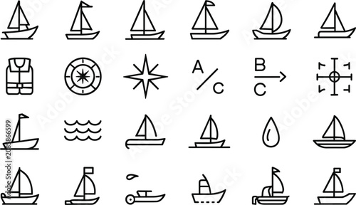 Fotografie Nautical navigation linear icon set with different sailboat shapes sea waves lif