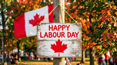 Canadian flag wooden sign celebrating Labour Day with autumn foliage background