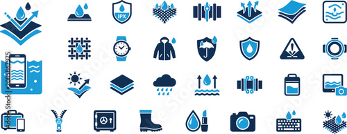 Bild auf Leinwand Waterproof Technology Solid Icon Set, Water Resistant Protection Symbols Collect