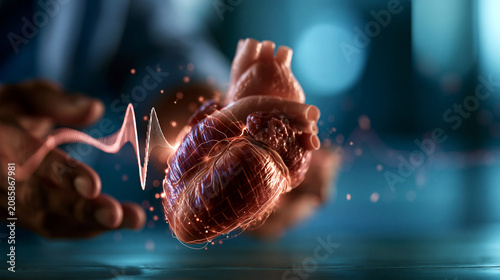3D heart organ model with subtle digital pulse lines in cardiology and health technology medical illustration