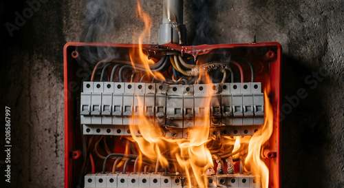Industrial electric panel box burning with fire and smoke inside building causing major power failure during technical event.