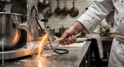 Kitchen chef holding metal whisk against exposed frayed power cord on stand mixer causing bright electrical sparks.