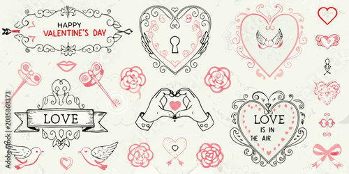 Konstfotografi Valentine s Day Floral Ornament Collection Red Line Art Illustration
