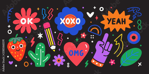Colorful Doodle Stickers And Phrases Vector Illustration On Black Background