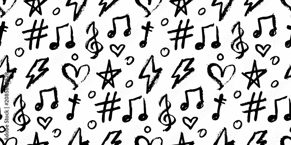 Obraz na plátně Musical notes and symbols seamless vector pattern on white background