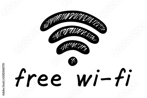 Hand drawn free wifi spot zone sign Public wi-fi area sign Wireless internet clipart in doodle style Single element for print, web, design, decor 3G, 4G, 5G, 6G, IoT