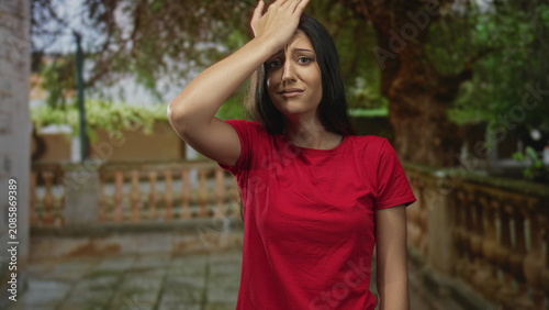 Φωτογραφία Woman with hand to forehead in front of stone building wearing red tshirt, eyes closed in a facepalm gesture; regret mistake