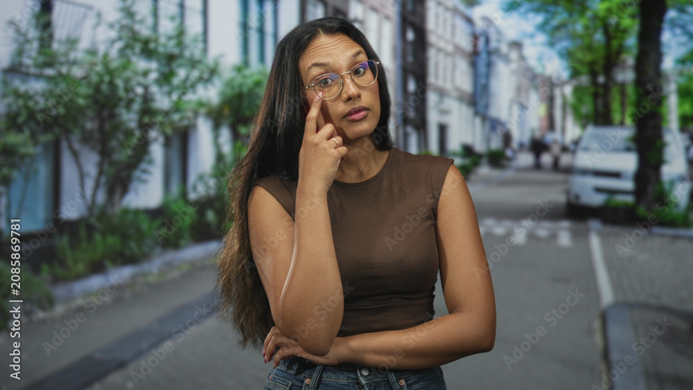 Fototapeta premium Woman touching eyeglasses with finger on cheek in street while leaning with arms crossed; pensive curiosity.