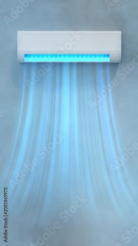 White wall-mounted air conditioner blowing cool blue-tinted airflow downward against a plain gray wall.