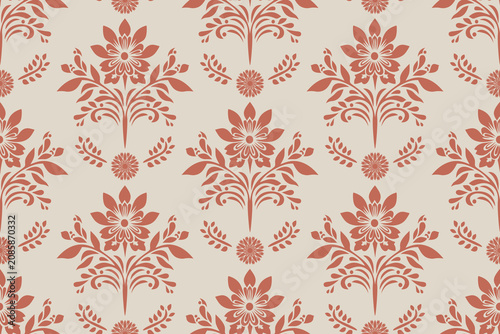Vintage Floral Damask Seamless Pattern. Elegant Folk Art Botanical Vector Background for Textile Design, Fashion Apparel, Wallpaper, and Modern Home Decor. Boho Rust Orange Geometric Floral Pattern. 