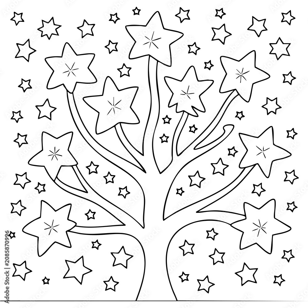 Fototapeta premium Magical Star Tree Illustration Featuring Curved Branches And Decorative Star Pattern Arrangement Isolated on a Transparent or White Background