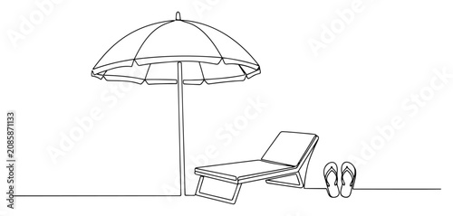 Foto Beach umbrella sunbed and flip flops depicted in minimalist one line art style