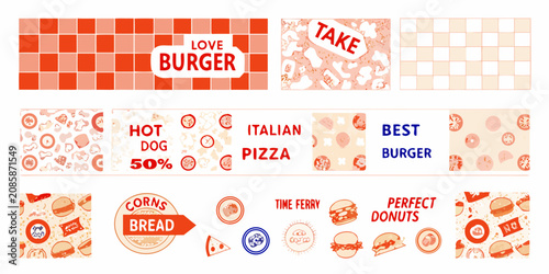 Fotografija Food patterns including burgers hot dogs pizza and donuts vector illustration