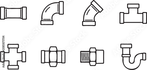 plumbing pipe fittings line icon set editable outline vector, water pipeline connectors minimal plumbing symbol collection, pipe connector and plumbing tools outline icon pack