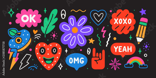 Tableau sur toile Gen Z Style Doodle Stickers Colorful Vector Illustration On Black