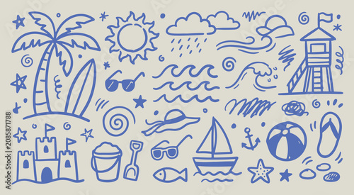 Photography Collection of hand drawn beach and summer vacation themed doodles with various s