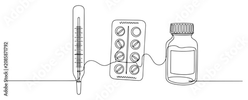 Canvastavla Thermometer blister pack and medicine bottle in continuous one line drawing styl