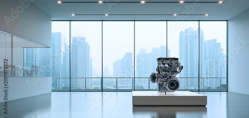 Precision engineered automotive engine displayed inside modern minimalist showroom with panoramic city skyline