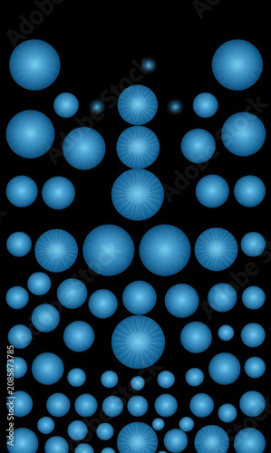 Blue glowing circles and spheres in a geometric pattern on black background