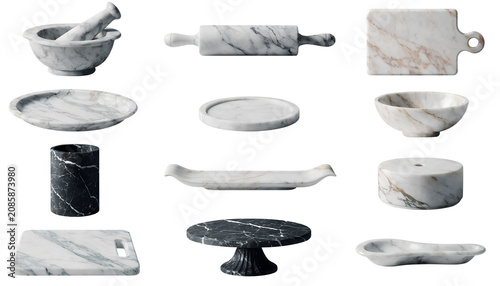 Set of 12 realistic marble kitchen accessories isolated on transparent background.