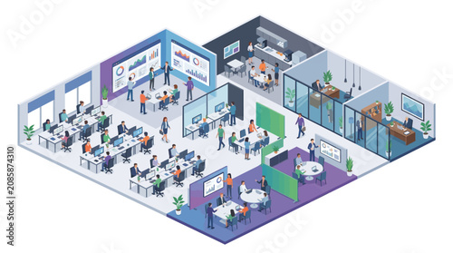 Isometric Illustration of a Modern Corporate Office with Diverse People
