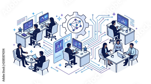Isometric Illustration of Professionals Working in a High-Tech Digital Office