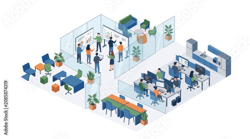 Modern Isometric Office Workspace with People Collaborating and Working
