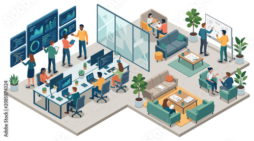 Isometric Illustration of a Diverse Team Working in a Modern Open-plan Office