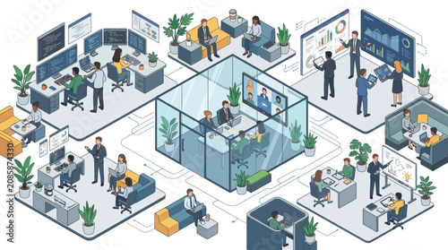 Isometric Illustration of a Modern Hybrid Office Workspace Environment