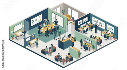 Isometric View of a Collaborative Modern Workspace and Business People