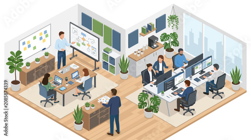 Isometric Modern Office Workspace with Diverse Team Working and Collaborating