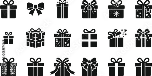 Foto Gift box and present icon set featuring wrapped packages with ribbons and bows f