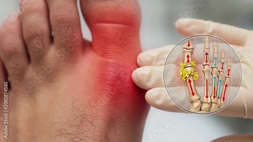 Medical professional explaining the causes of gout through an animated graphic showing uric acid crystals in the big toe joint, highlighting inflammation, swelling, and pain from hyperuricemia