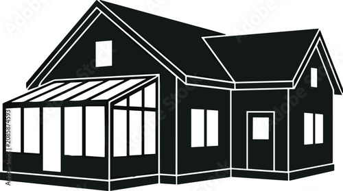 Canvastavla Black house silhouette with glass sunroom addition isolated on white background