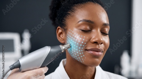 Woman receiving advanced facial treatment with futuristic digital grid overlay on her skin