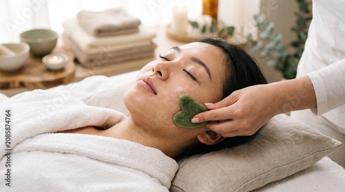 Woman receiving facial massage with green jade gua sha stone for skincare and relaxation