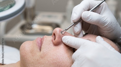 Close up of a cosmetologist using a blackhead extractor tool on a patient's nose during a facial treatment
