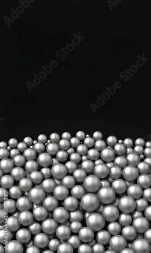 Abstract 3D render of shiny silver balls against a dark black backdrop