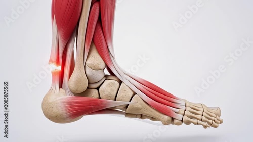 Medical animation showing a detailed view of an achilles tendon rupture on a rotating human foot and ankle skeletal structure, highlighting the painful injury isolated on a white background