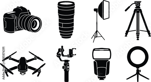 Foto Photography and videography equipment silhouette icons with camera, tripod, dron