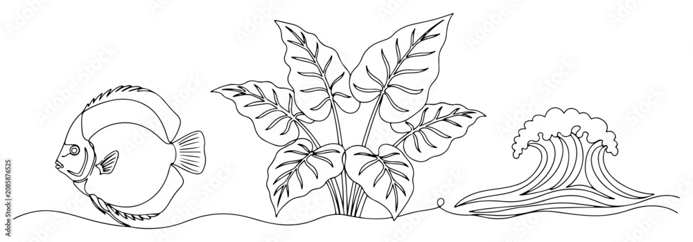 Obraz premium Discus fish tropical aquatic plants and ocean wave in continuous line art style