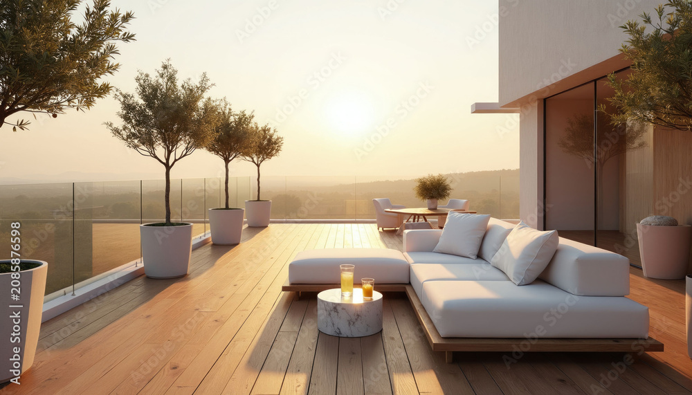 Fototapeta premium Modern rooftop terrace with white sofa and scenic valley view at sunset. Clean outdoor lounge space features glass railing, potted trees, and soft warm lighting perfect for relaxation.