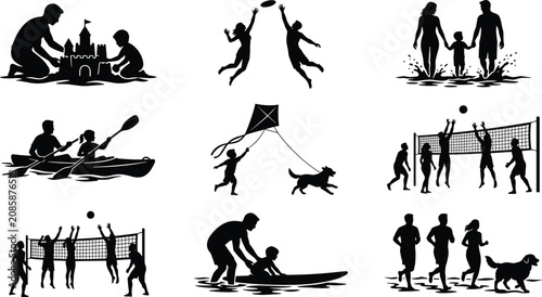 Photos Outdoor and beach activity silhouette icons with family, sports, and recreationa