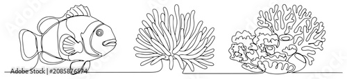 Foto Clownfish sea anemone and coral reef in continuous line art style
