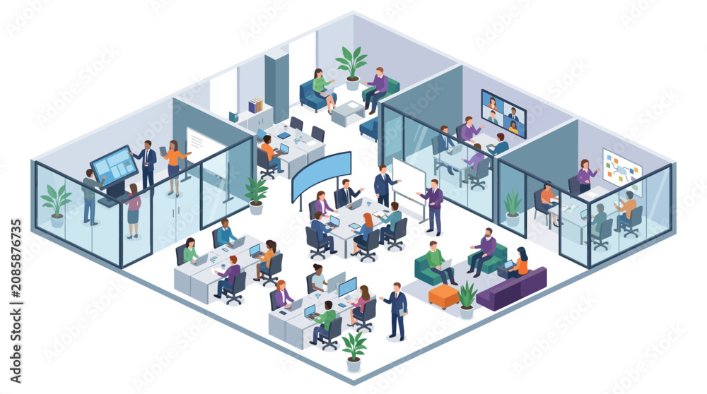 Fototapeta premium Isometric Illustration of People Working in a Modern Office