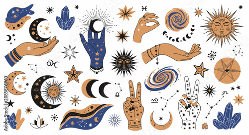 Foto Celestial Mystic Witchcraft Doodle Elements Collection with Hands, Moons, Suns, Stars, and Crystals on an Isolated White Background