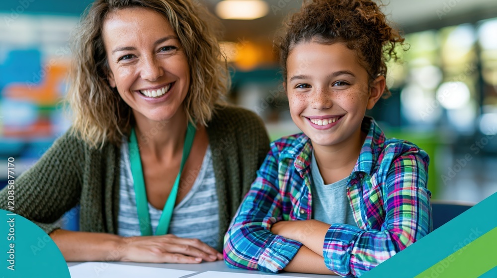 Obraz premium Teacher and student smiling at round table in modern classroom